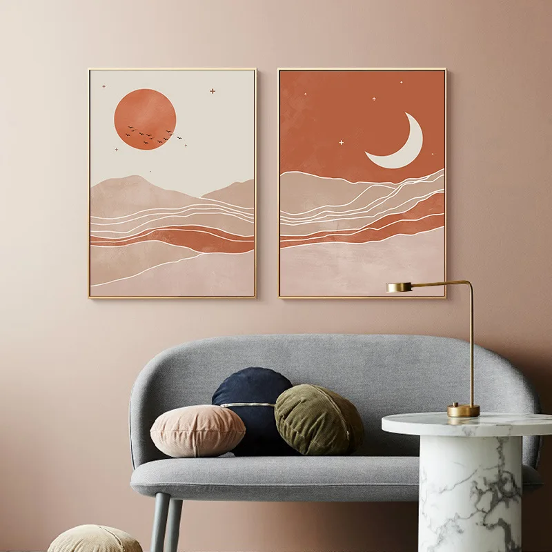 

Abstract Dusk Sun Moon Landscape Mural Fly Bird Canvas Art Decoration Painting Night Sky Stars Warm Color Living Room Home Decor