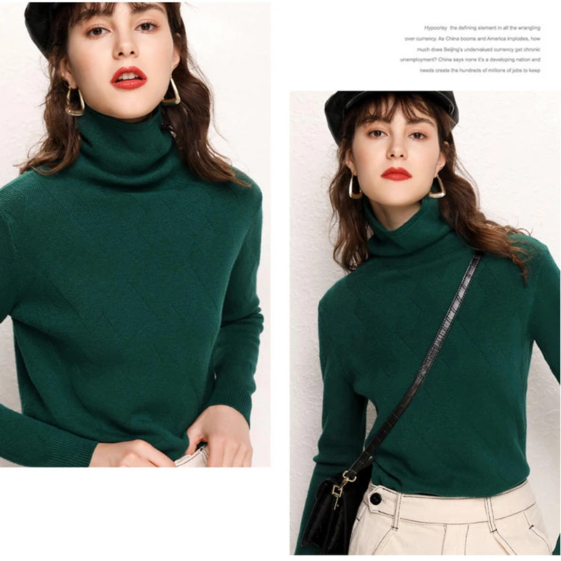 GCAROL New Women Turtleneck Slim Sweater Diamond Lattice Thick Stretch Oversize Jumper High Street OL Basic Knitted Pullover | Женская