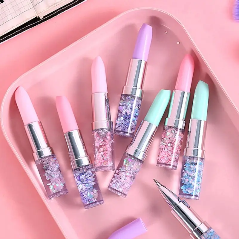 

Kawaii Lipstick Gel Pen Creative Oil Quicksand Colorful Cute Stationary 0.5mm Signature Pens Black Ink Office School Supplies