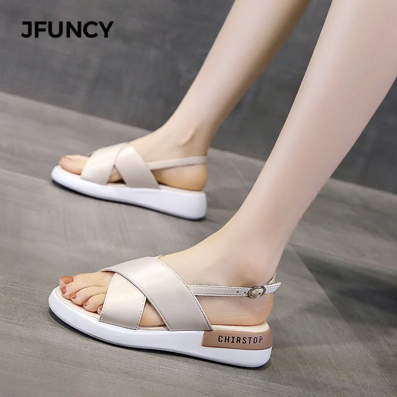 

JFUNCY Women's Summer Sandals Fashion Leather Simple Casual Ladys Shoes New Buckle Flat Shoe White Reflective Tape Women Sandal
