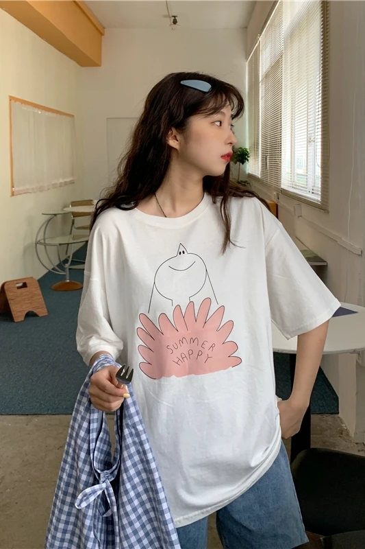 

Houthion Loose Plus Size Women's T-shirt New Casual Top Fashion Short Sleeve T Shirt Cartoon Print O-neck Tshirt Summer Cotton