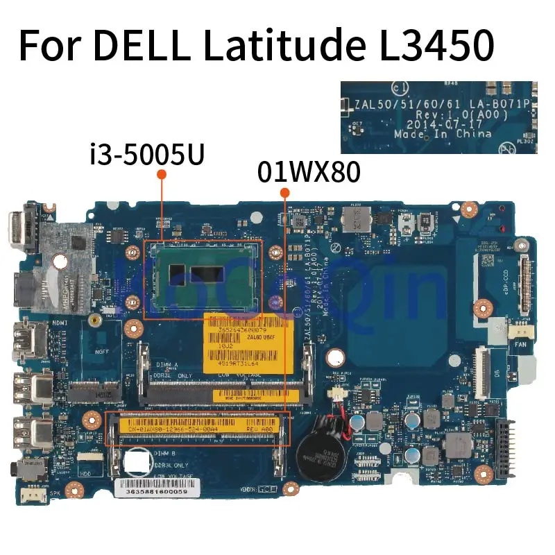 

For DELL Latitude 3450 3550 L3450 L3550 I3-5005U Notebook Mainboard CN-01WX80 01WX80 LA-B071P SR244 Laptop Motherboard DDR3