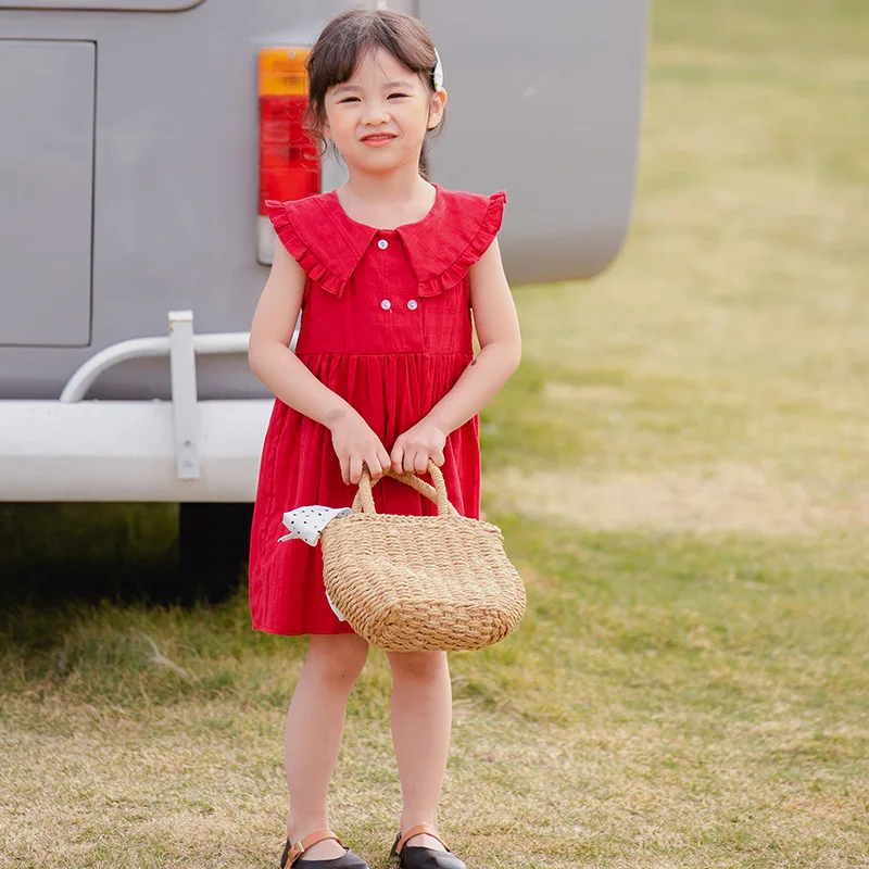 Girls dress 2020 summer new sleeveless double-breasted vest doll pure cotton solid color stitching princess | Детская одежда и