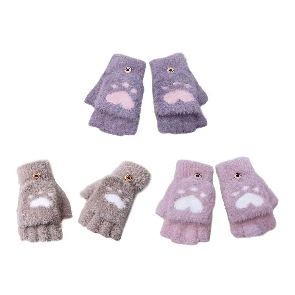 

Half-Finger Gloves, Warm Fingerless Glove Mittens Flip-Top Warmer Hand Faux Mink Fur Windproof Winter Stretchy for Girls Cycling