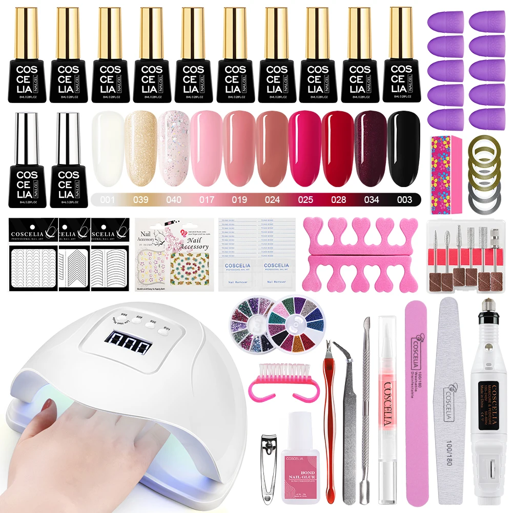 10pc manicure set COSCELIA 80 Вт УФ светодиодная лампа для сушки ногтей для маникюра Набор Комплект гель-лаков для ногтей электрическая дрель для ногтей маникюрные инструменты все для дизайна ногтей комплект - Цвет: 10pc manicure set