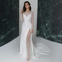 hot sale charming white long sleeves bridal wedding dresses lace jewel neck side slit wedding gowns for bride court train 2021