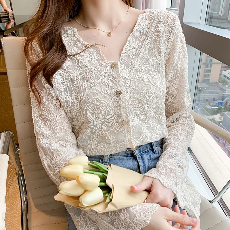 

BETHQUENOY Blusas Camisas Mujer Lace Shirts Women Summer Lady Tops Long Sleeve Blouses Crochet Top Woman Clothes Bluzka Damska