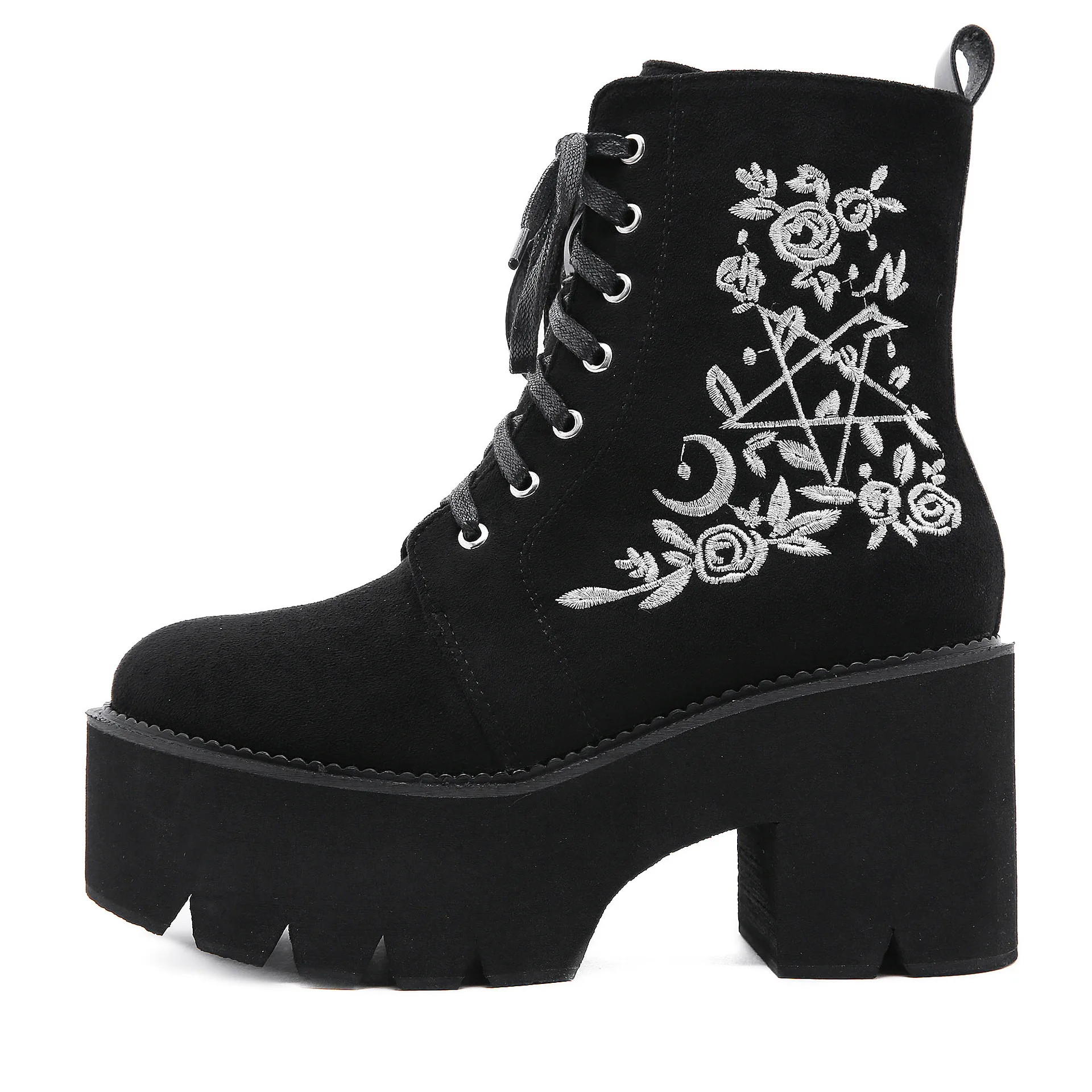 

Winter 2020 lace up women's boots fashion embroidery side zipper thick soled boots women's shoes