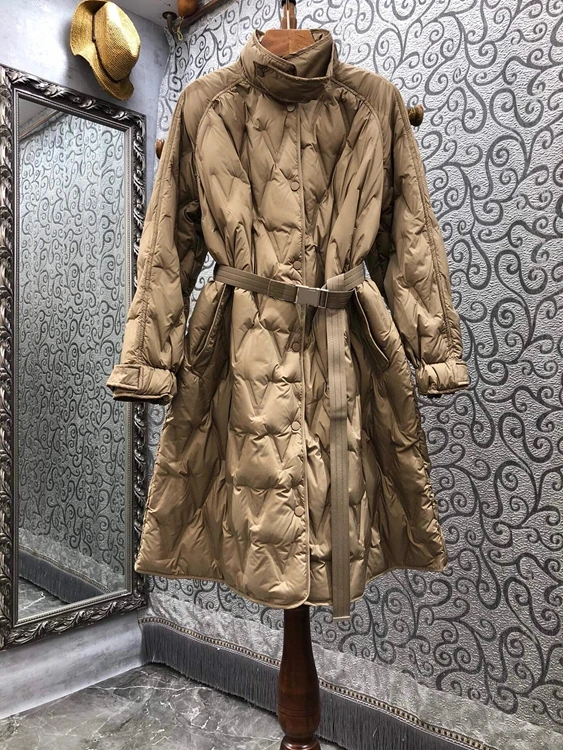 

2021 new women fashion stand-up collar pleated belt slim down mid-length coat 1124