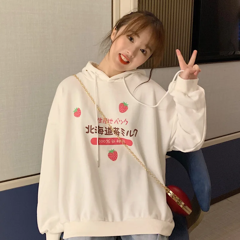

Harajuku Women Milk Strawberry Printed Hoodies Autumn Cute Kawaii Hooded Sweatshirts Pullovers Loose Female Long Sleeve Hoodies