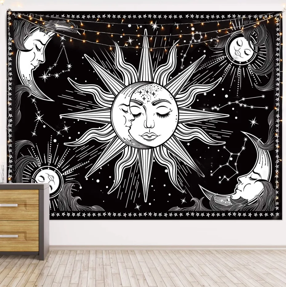 

Psychedelic Sun Moon Tapestry Wall Hanging White Black Tarot Astrology Witchcraft Mandala Art Celestial Tapestry Room Wall Decor