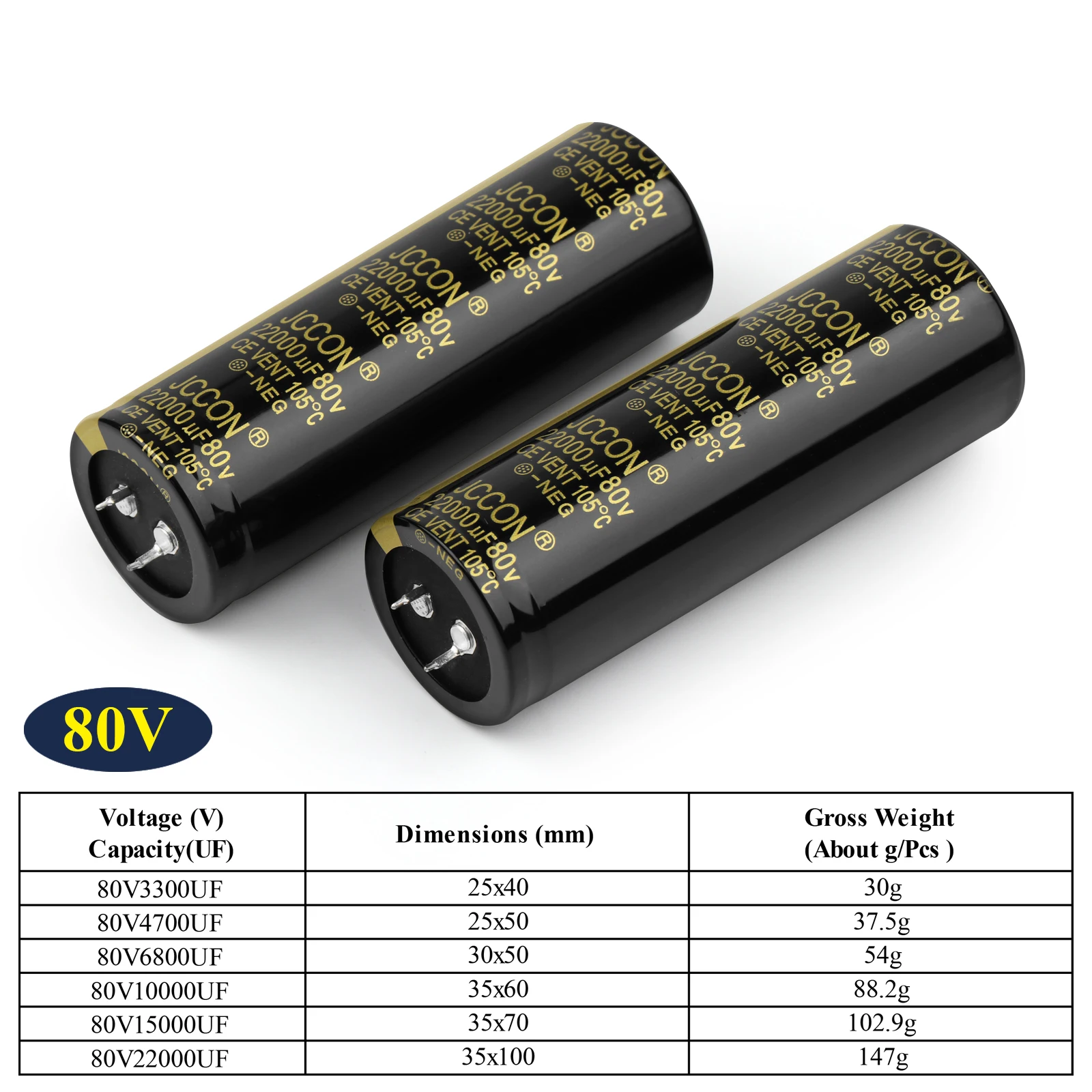2Pcs JCCON Audio Electrolytic Capacitor 80V 3300UF 4700UF 6800UF 10000UF For Audio Hifi Amplifier High Frequency Low ESR Speaker