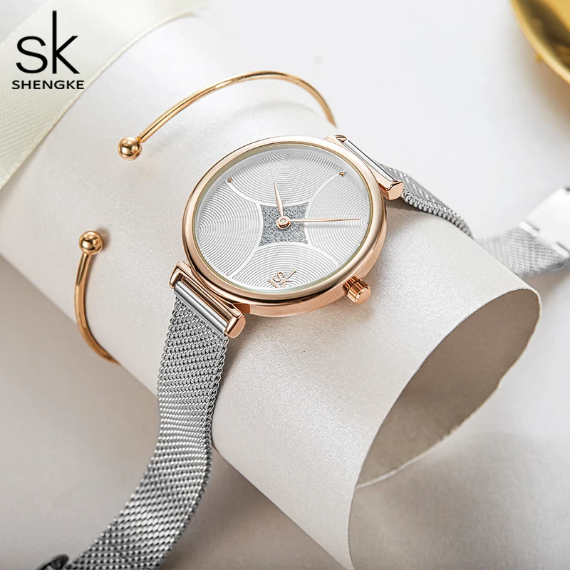 Shengke Fashion Women Watch Ripple Texture Small Dial Silver Mesh Band Japanese Quartz Movement Wrist Watches Relogio Feminino