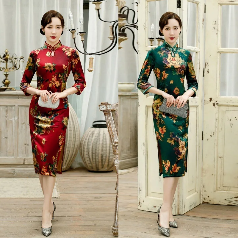 Женское бархатное платье-Ципао с принтом элегантное облегающее вечернее платье