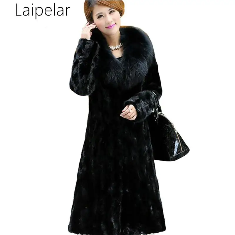 

Новинка 2020, женское утепленное меховое пальто Laipelar, Воротник из лисьего меха, пальто из искусственного меха норки, длинная верхняя одежда, т...