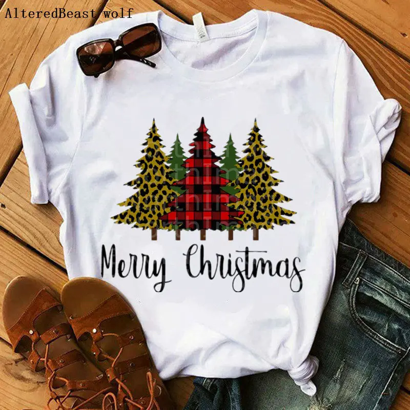 

Christmas t shirt women summer casual short sleeve white tshirt women pine tree print christmas t shirt female vogue o-neck tops