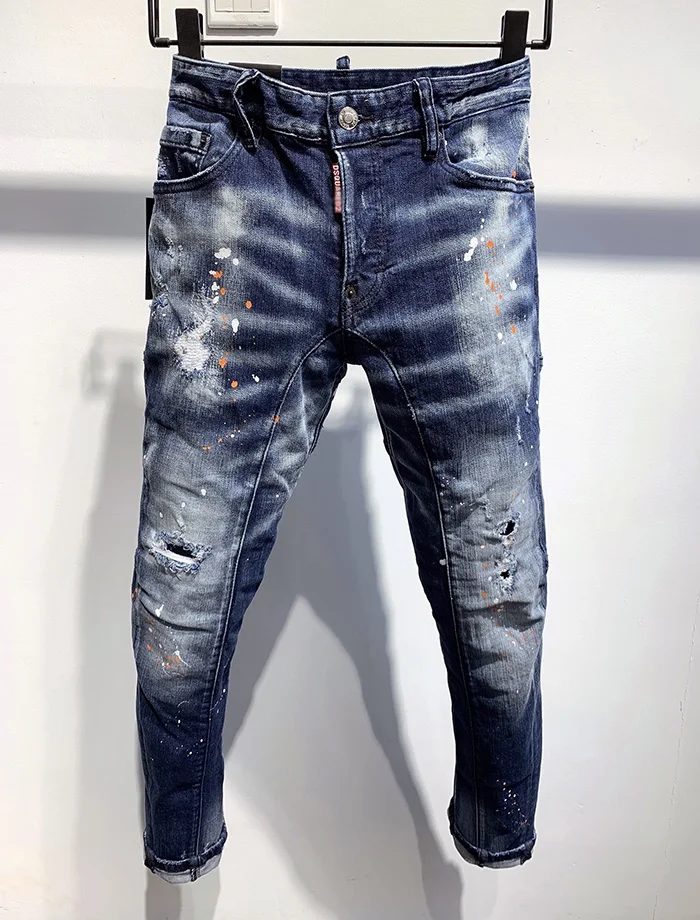 

Men's D2 Italian Jeans Pants Men's Slim Jeans Denim Pants Striped Blue Hole Pencil Pants Men's Jeans