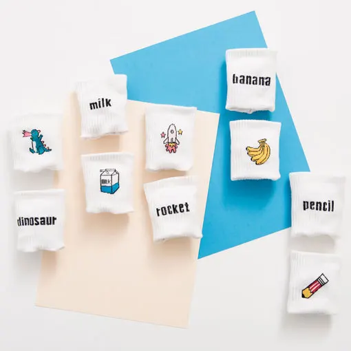 

Носки женские хлопковые в Корейском стиле, модные бейсбольные в стиле Харадзюку, с рисунком ракеты, бананы, динозавра