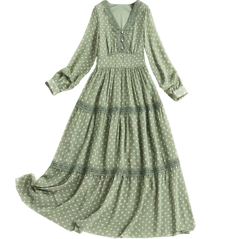 

Women girls polka dot print cute chiffon dress sexy high waist lace trim V-neck long sleeve dresses 2021 spring summer green