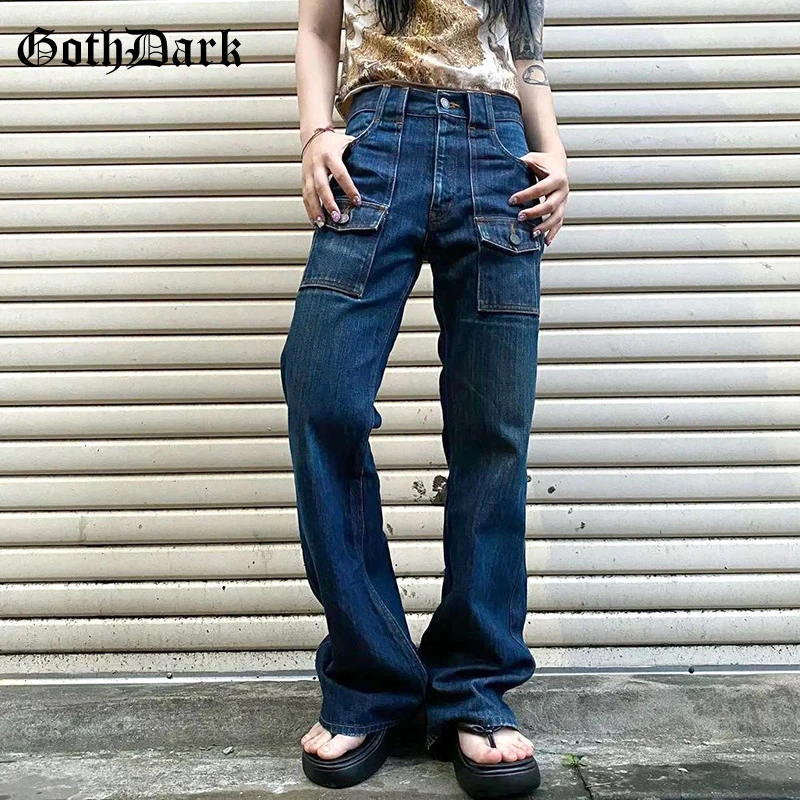 

Goth Dark Do Old Gothic Wide Leg Women Jeans Punk Low Raise Pockets Patchwork Vintage Trousers Fashion Streetwear Denim Pants