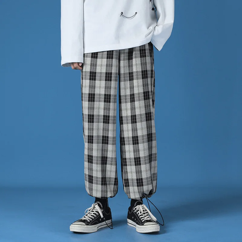 2021 hot spring loose check trousers wide leg pants casual sports pants harajuku street style korean fashion brand mens wear free global shipping