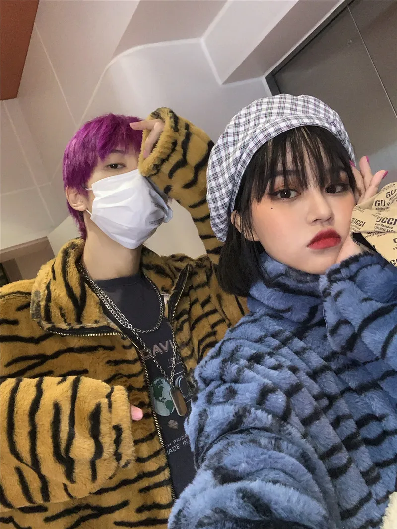 Harajuku шикарный винтажный корейский стиль хип хоп Уличный синий желтый леопард молния унисекс зимняя куртка пальто для женщин femme YQ-1092