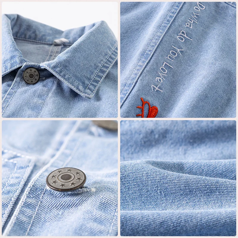 

Children's Denim Jacket Korean Boy's Handsome Lapel Embroidery Letter Pattern Light Blue Thin Fashion Coat 2021 Spring / Autumn