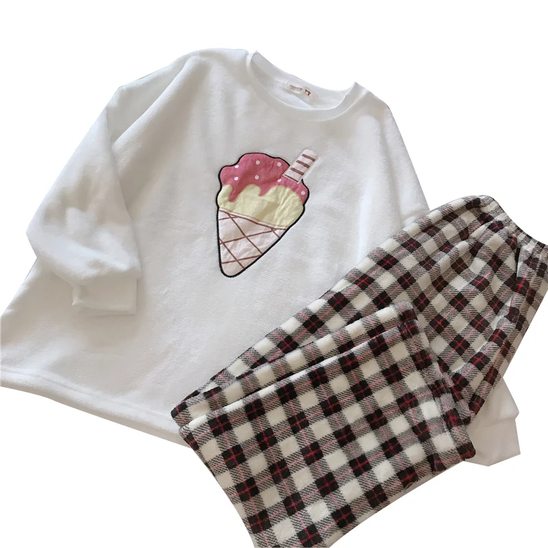

Women Pajama Sets Winter Flannel Coral Fleece Warm Long Sleeve Tops and Plaid Pants O-neck Home Lounge Wear Sweet Trendy Fashion