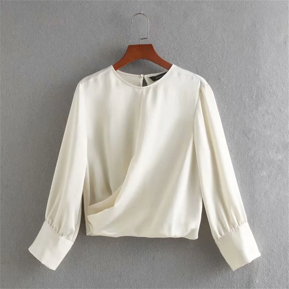

2021 New Spring Women's New Round Neck Long Sleeve Wild Temperament Pleated Silk Satin Texture Shirt