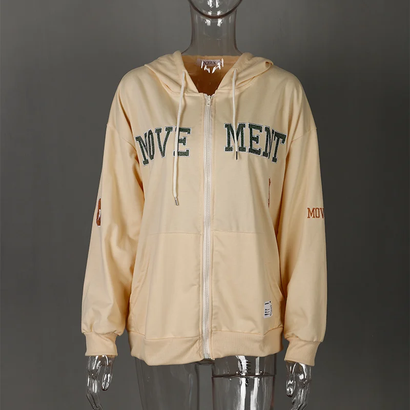 Кофта женская Свободная с капюшоном на молнии вышитыми буквами 2021 | Женская