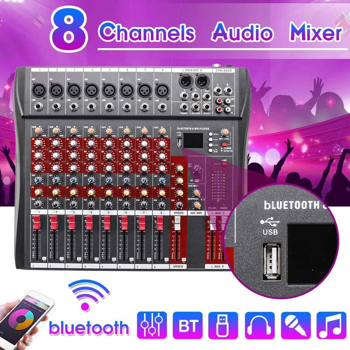 Bluetooth аудио микшер микшерный пульт с USB MP3 Jack 8 каналов профессиональный усилитель