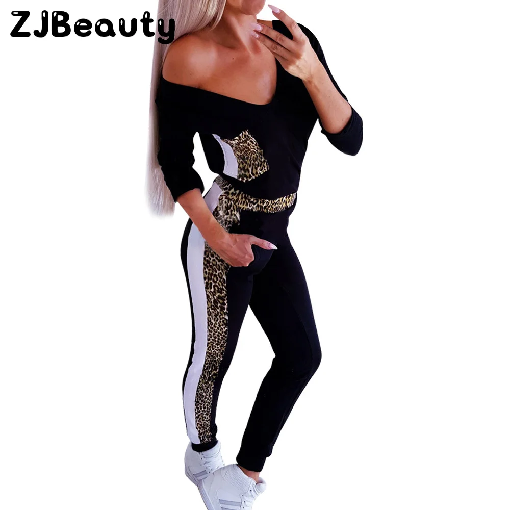 Женский спортивный костюм с леопардовым принтом из двух предметов длинным