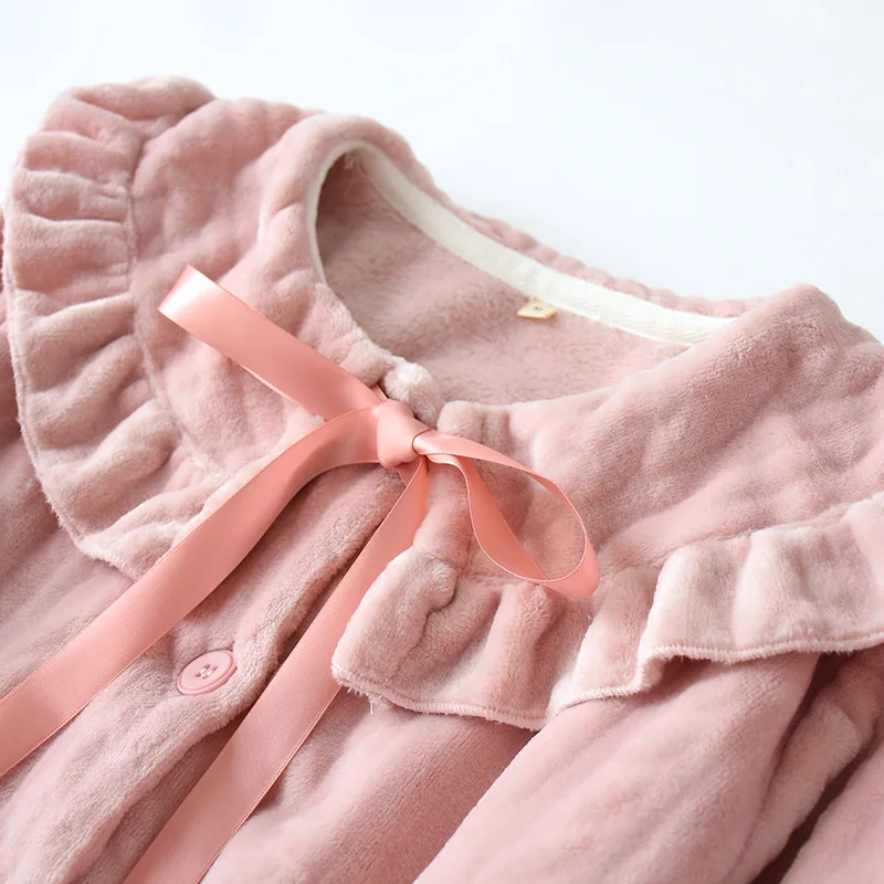Fdfklak Flannel Nightdress Long Sleeping Dress Autumn Winter New Night Wear Sleepwear Womens Nighties Pink Long Nightgown