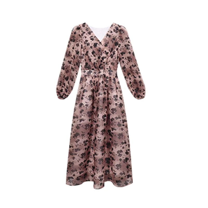 

Real Shot 2021 New Spring Clothes French Printing V-Neck Temperament Close Your Waist Show Thin Celebrity Style Floral Dress