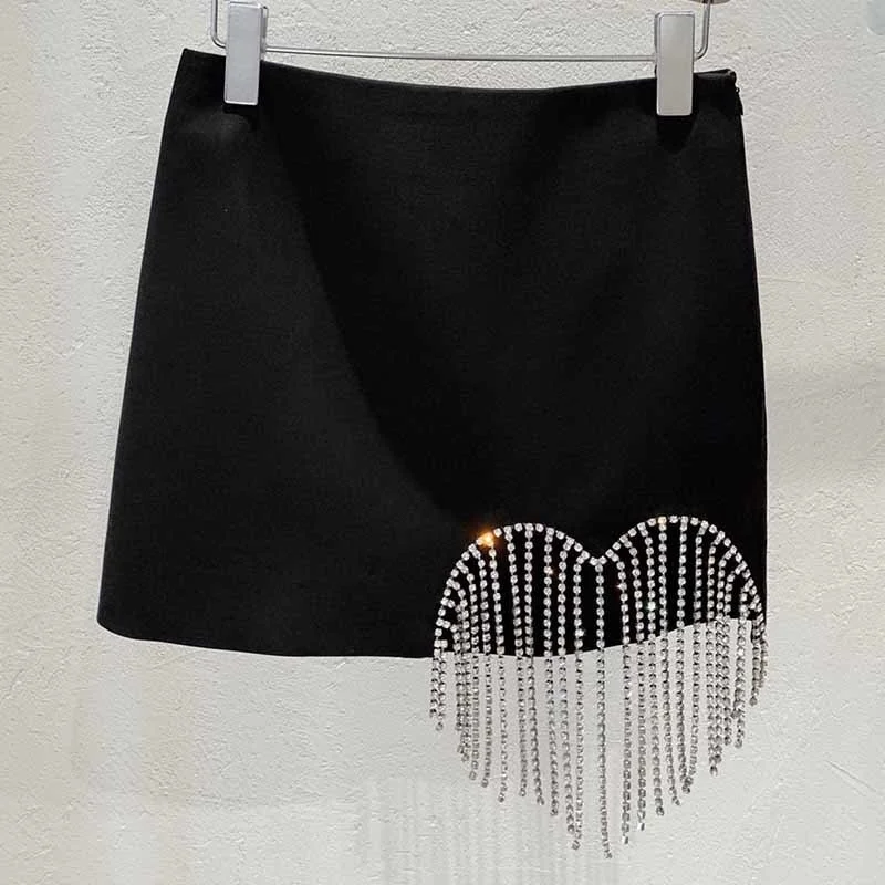 

Women Black Mini Pencil Skirt With Tassel And Diamond High Waist A-line Party Short Skirt Gothic Boho Clothes