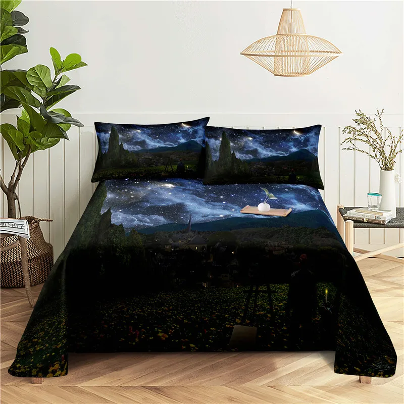 Beautiful Night Scene Bedding Sheet Home Digital Printing Polyester Bed Flat With Pillowcase Print | Дом и сад
