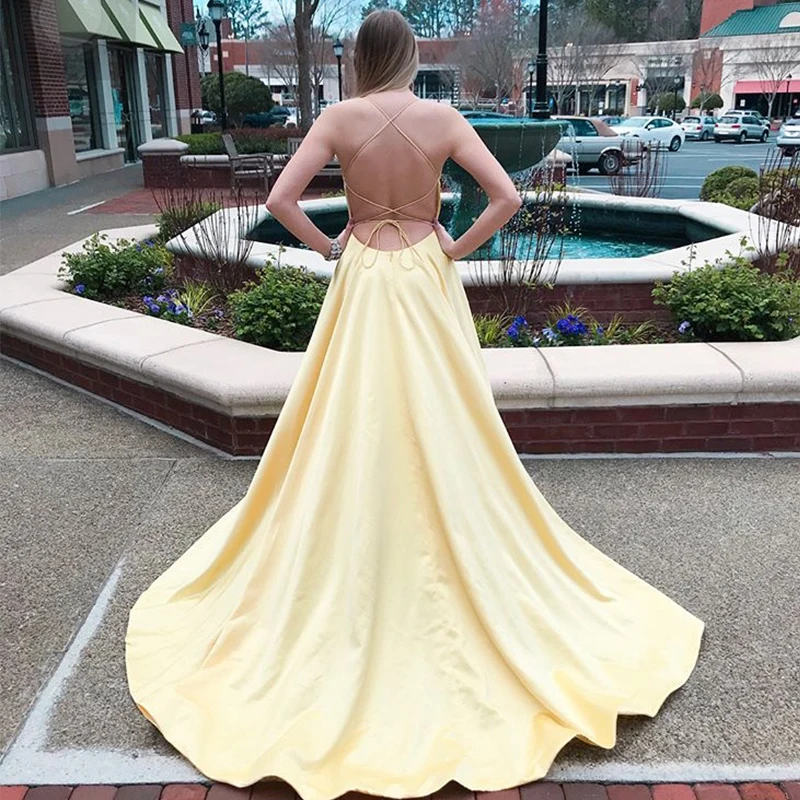 

Elegant Long Yellow Prom Dress Spaghetti Straps A Line Formal Evening Party Dress Crisscross Back
