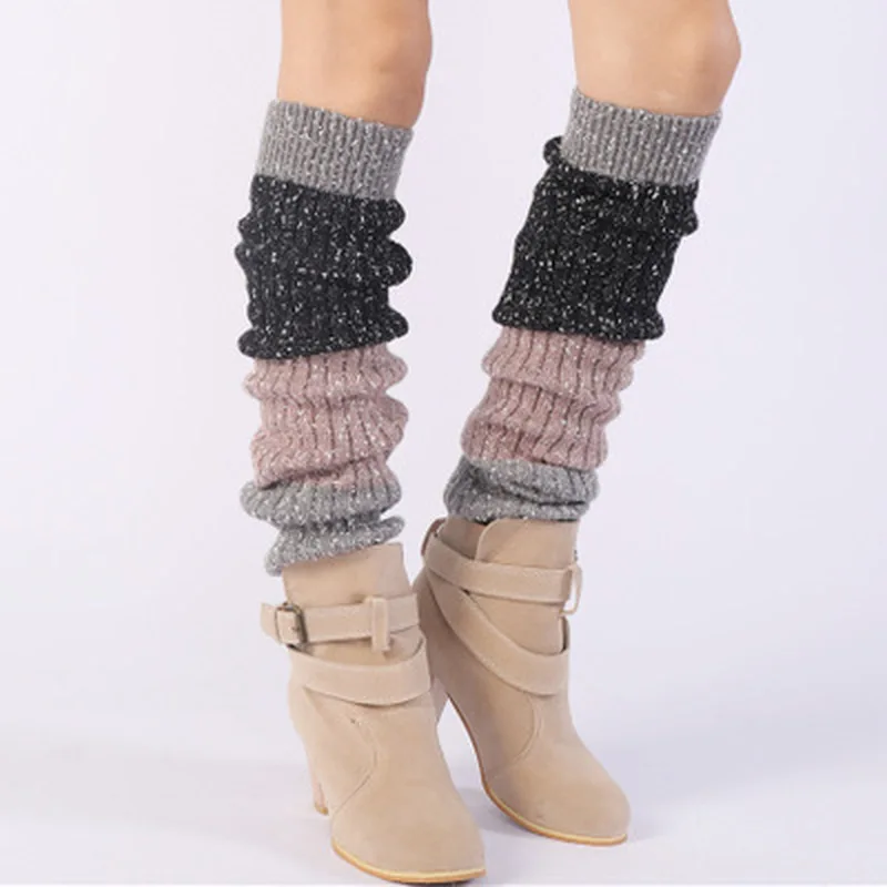 Sparsil Women Winter Cashmere Stripe Stockings Leg Warmer Thicken Lengthen Knitting Kneepad Long Socks Warm Boot Cuffs Long Sock