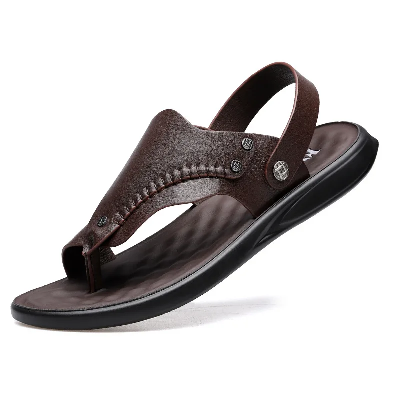 

2020 Genuine Leather Shoes Men Beach Sandals Flip Flops Cow Leather Men Sandals Flat Summer Shoes Male Leather Sandal A2395