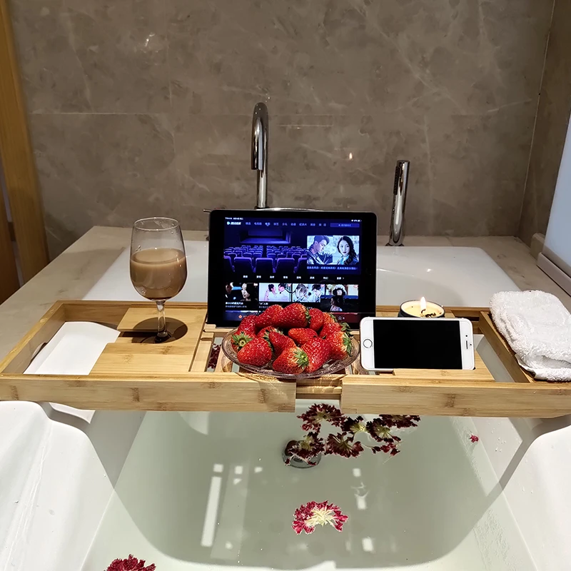 Бамбуковый поднос для ванны нескользящий Spa Caddy органайзер - Цена: 