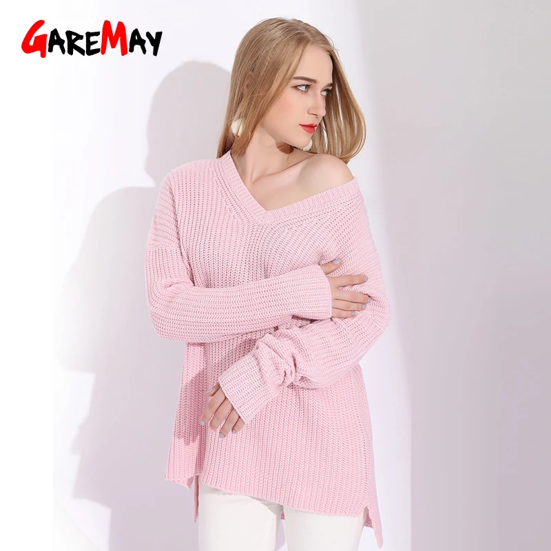Вязаный розовый свитер с V-образным вырезом женские пуловеры винтажный зимний