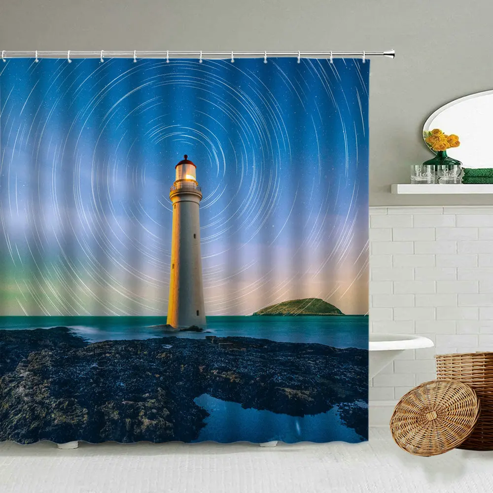 

Fantasy Cartoon Lighthouse Blue Starry Sky Shower Curtain Boy Girl Angel Night View Bathroom Wall Decoration Waterproof Screen