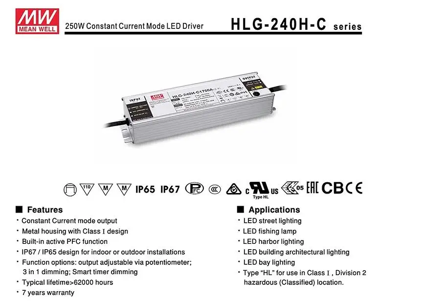 Тайваньский Meanwell Светодиодный драйвер hlg-240h-c1400b 250 Вт Диммируемый источник питания IP65 для 5 шт. cree cxb3590/clu048 1212