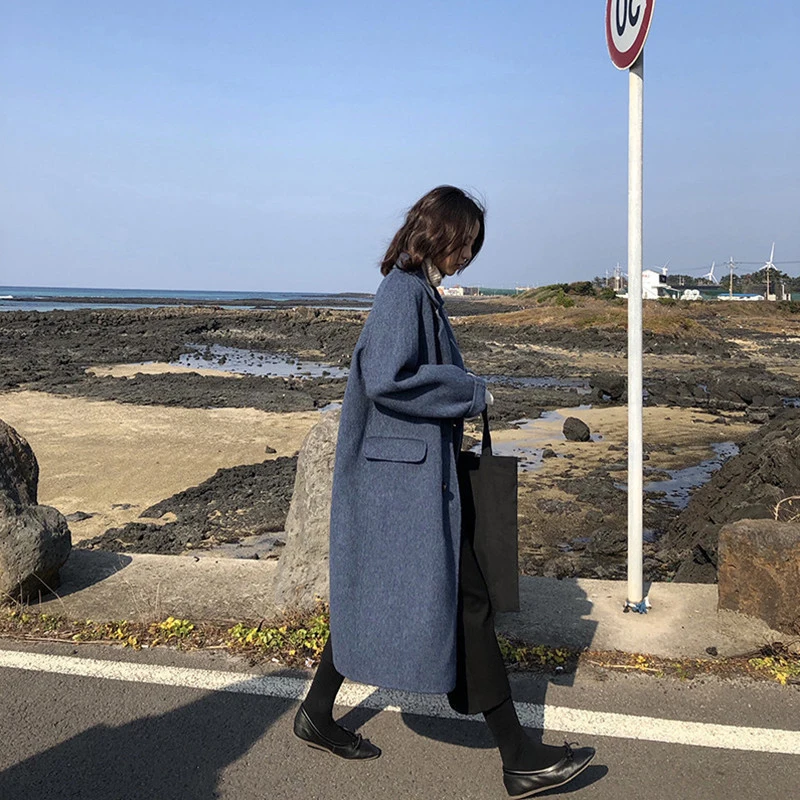 

Office Lady Turn-down Mid Long Woolen Coat Women Casual X-long Sleeve Loose Long Fashion Outwear Blue Vintage Padded Warm Jacket