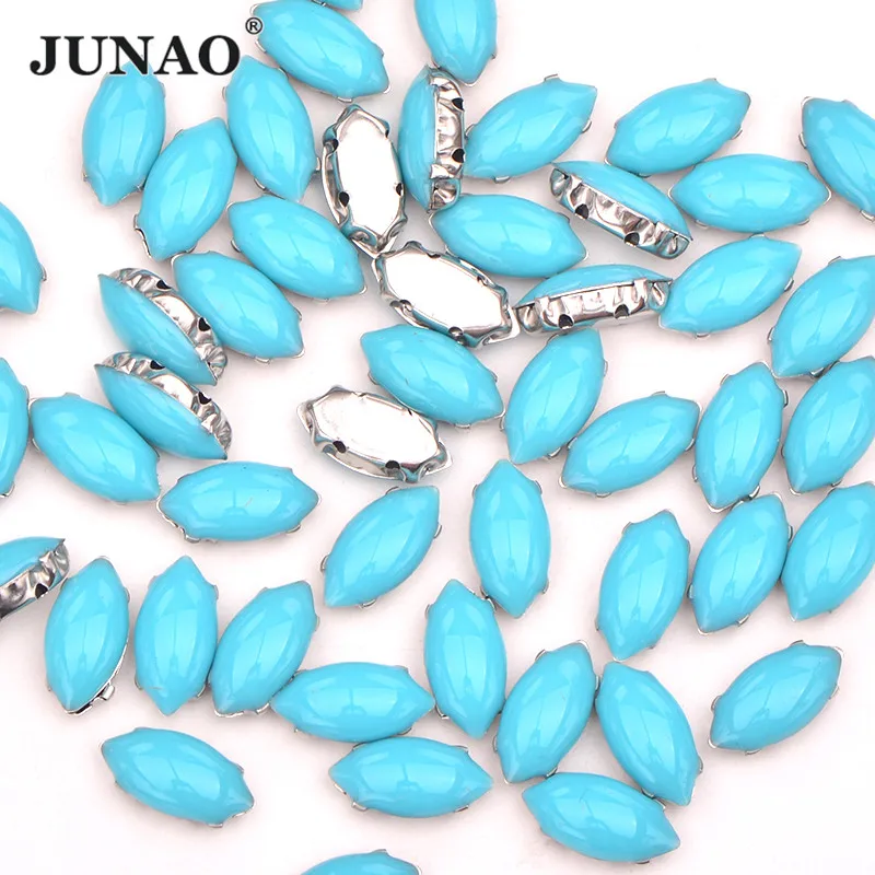 JUNAO 6*12 мм Aqua Blue пришивные стразы в виде конского глаза Серебряная Аппликация с