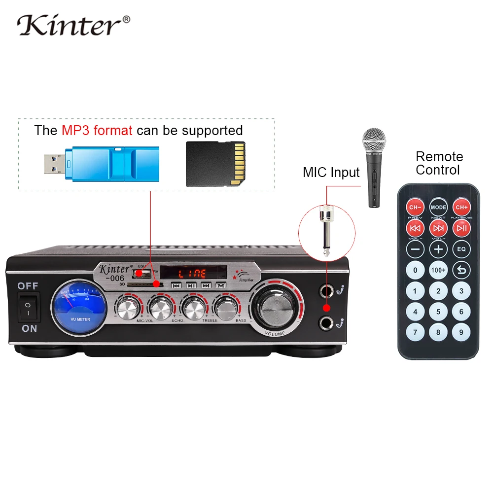Kinter 006 караоке усилитель аудио hifi стерео звук питания 220 В мощность с USB SD FM MIC вход