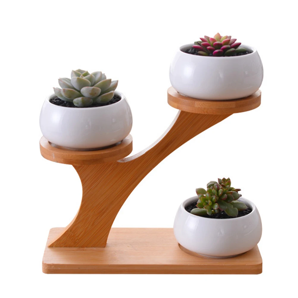 

Home + 3 Tier Bamboo Stand Gifts Durable Holder Decoration Multifunction Outdoor Garden Succulent Flowerpot Set Art Container
