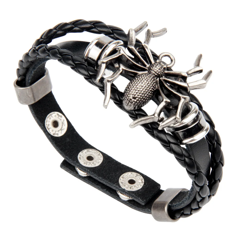 

Men's Stainless Steel Adjustable Leather Bracelet 2020 Retro Spider Skull Design Multilayer Braided Bracelet