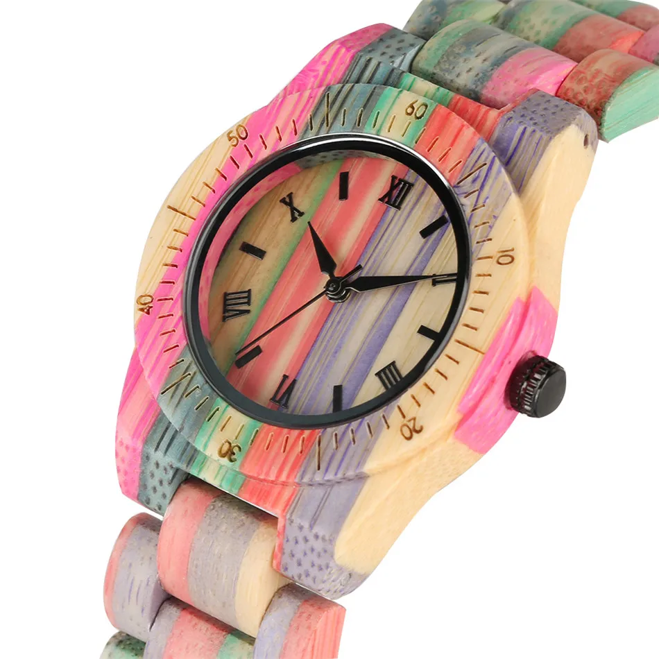

Charming Multi-Colored Bamboo Wood Lady Wrist Watch Quartz Timepiece Analog Display Dial Stylish Women's Bangle Wooden Clock