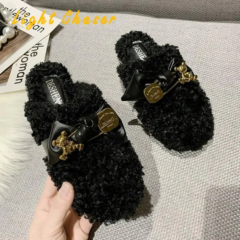 2021 New Fashion Women Casual Slippers Floor Slipper Short Plush Fleece Flat Black Lady Indoor Slippers Winter Women's Slippers